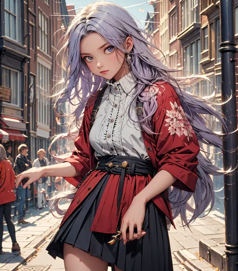 (gradient hair, dutch angle:1.3), film grain, chromatic aberration, city centre, masterpiece, risbeauty, best quality, raw photo, photorealistic, absurdres, 1girl, cute, perspective, cowboy shot, highres, ultra detailed, finely detail, detailed eyes and fa...