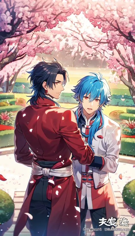 absurdres, highres, ultra detailed, HDR, masterpiece, Koujaku, black hair, expressive red eyes, Dramatical Murder, Seragaki Aoba, blue hair, expressive golden eyes, 2men together, gay couple, handsome, petals, garden