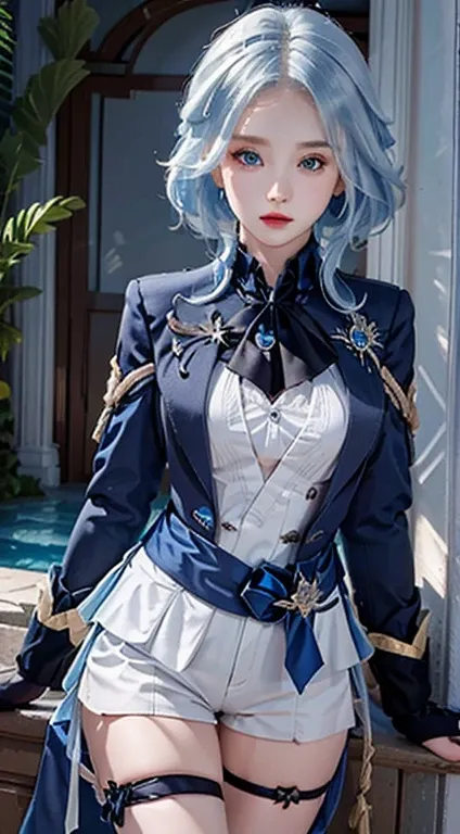 photo award, masterpiece, blue hair, blue eyes, realistic, High resolution, soft light, brooch, waist ribbon, short shorts, blue suit, colorful hair, white gloves, black gloves, white shirt, open clothes, water, underwater, Ocean, Single skirt hem, thigh s...