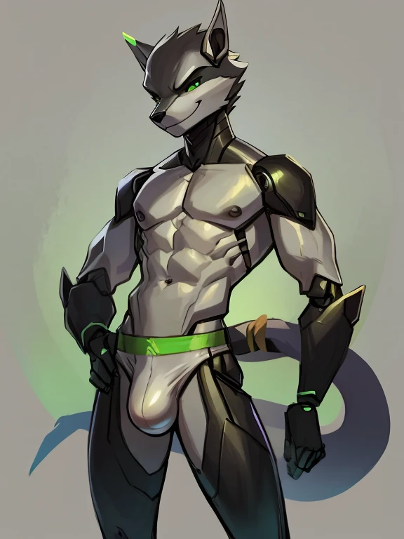 Male, robot Gray wolf, detailed green eyes, long tail, big nipples, slim, sly, simple background, smirk, bulge,  tail wrapping around body，robot