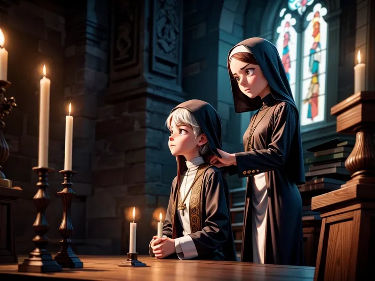 A nun and a priest performing an intense exorcism,(best quality,4k,8k,highres,masterpiece:1.2),ultra-detailed,(realistic,photorealistic,photo-realistic:1.37),dark ambiance,ominous atmosphere,ancient gothic church,stained glass windows,ominous candlelight,d...