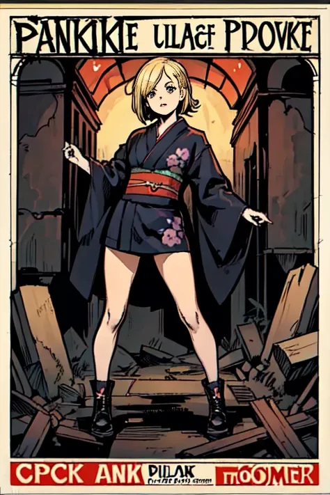 ((Blonde bob-haired girl in black kimono))、((ruins)), ((punk band poster)),cartoon style, Horror elements, Comic book style illustrations, (drawing style), full body (Spooky), Japanese carving, primitive art, circus, crazy illustration, flat illustration、s...