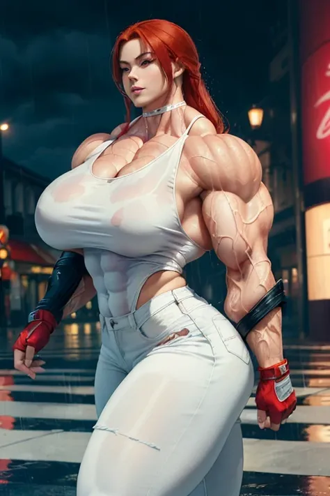 (((((Massive tall, beautiful, buff, wet, pale white skinned muscular asian woman with red hair, ginormous bulky muscles, and wearing a tight white tank top with tight denim pants))))), close view, massive muscle, massive biceps, hyper muscle shoulders, (ma...