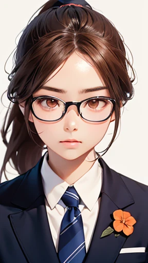 highest quality、realistic、Japanese、girl、zoom、look up、cute、orange eyes、ponytail、chestnut hair、all back、The forehead is out、classroom、gray blazer、white blouse、blue tie、glasses、close up face、slender、small breasts