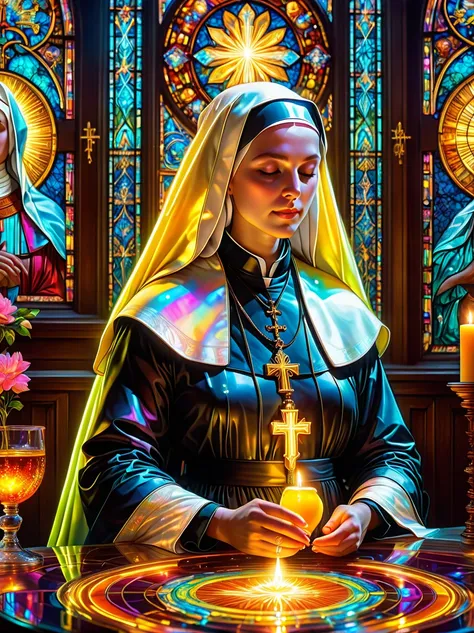 ((nun in beautiful church:1.6))，Religious atmosphere，stained glass windows，sacred tranquility，intricate details，peaceful atmosphere、calm expression、graceful posture、Sacred Silence、bright colors、Calm gaze、gentle brushstrokes、ethereal light、eternal beauty、qu...