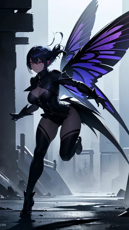 (best quality, 8k, highres, masterpiece:1.2), ultra-detailed, fairy assassin, approaches silently, graceful posture, targeting enemies, cold eyes, emitting enigmatic gleam, wings flutter quietly, blending into darkness, presence harbors fear, secrecy, fulf...