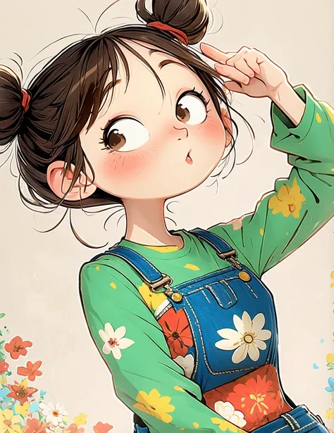 (masterpiece, best quality:1.2), number，cartoonish character design。1 girl, alone，big eyes，Cute expression，1 bun，Floral shirt，Overalls，hand，avatar，portrait，interesting，interesting，clean lines，Human anatomy is correct
