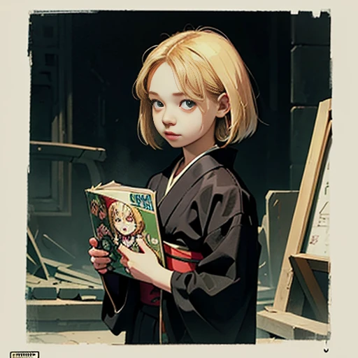 ((Blonde bob-haired girl in black kimono))、((ruins)), ((punk band poster)),cartoon style, Horror elements, Comic book style illustrations, (drawing style), (Spooky), Japanese carving, primitive art, circus, crazy illustration, flat illustration、small eyes
