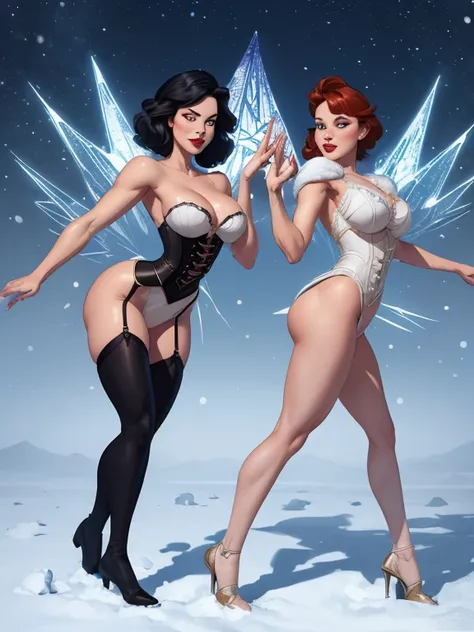 Beautiful character pose in dynamic pose two women together Snow White on the left and together with Cinderella on the right with a symmetrical body with a corset and beautiful breasts, corpo bem definido, delicado e sensual, estilo de desenho animado, dig...