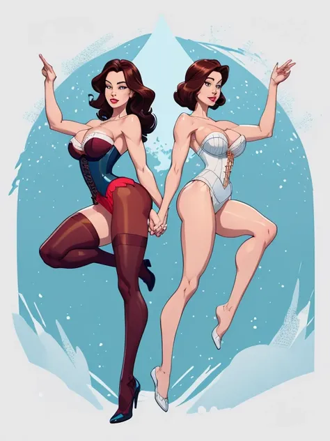 Beautiful character pose in dynamic pose two women together Snow White on the left and together with Cinderella on the right with a symmetrical body with a corset and beautiful breasts, corpo bem definido, delicado e sensual, estilo de desenho animado, dig...