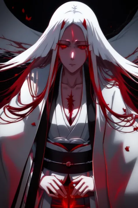 Unohana, solo, white japanese clothes, scar on chest, red eyes, haori, (dark forest:1.2), moon, 