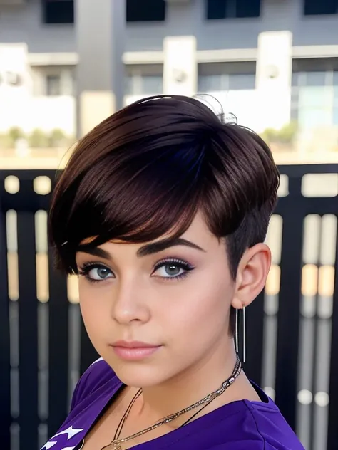 Photo of a 15-year-old European girl, RAW, beautiful woman, pecas en mejillas y nariz ,hermosos  ojos azules(Light brown hair pixie haircut),corte de cabello pixie ((retrato)), ((Cara detallada:1.2)), ((Detailed facial features)), (Piel finamente detallada...