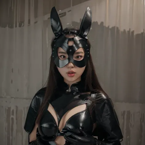 korean teen girl. cute . latex catsuit with cape and gloves. wearing leather bunny mask.