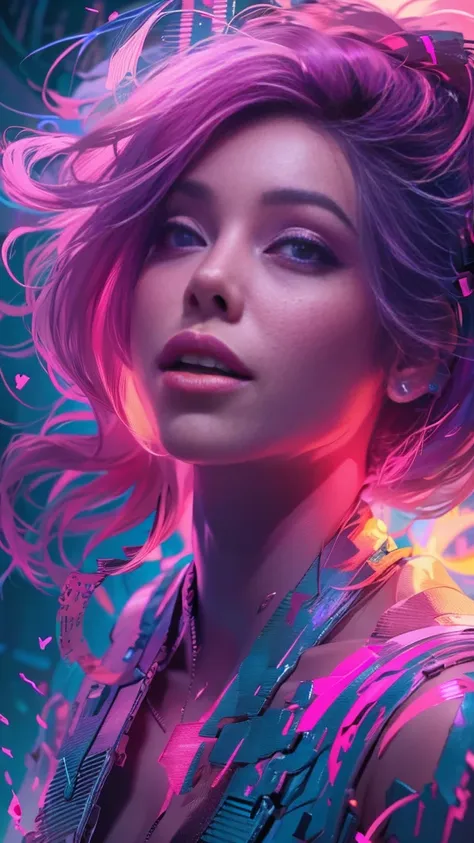 A portrait of beautifully stunning woman, fair skin, pink hair, surrounded by a swirling nanodusty plasma in electric blue and vibrant purple, vibrant colors, digital painting, trending in Artstation, cinematic lighting, and dynamic composition.A portrait ...