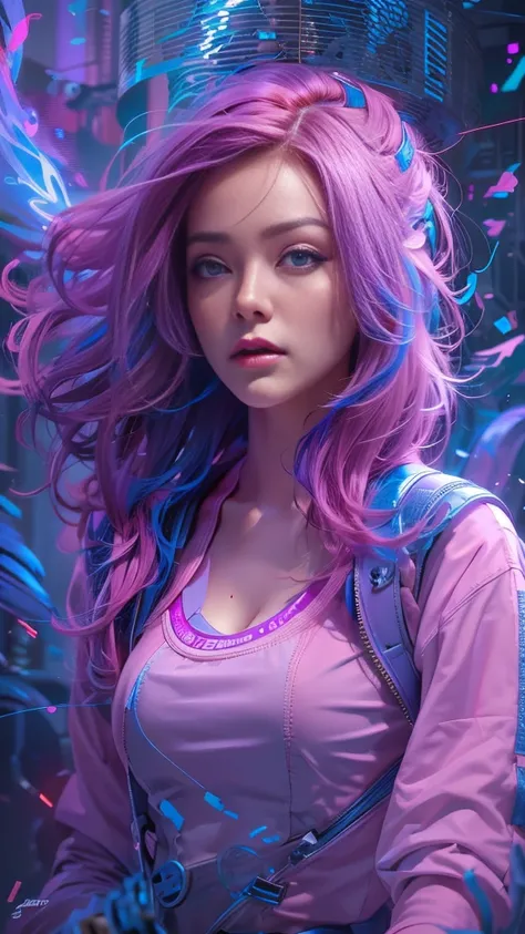 A portrait of beautifully stunning woman, fair skin, pink hair, surrounded by a swirling nanodusty plasma in electric blue and vibrant purple, vibrant colors, digital painting, trending in Artstation, cinematic lighting, and dynamic composition.A portrait ...