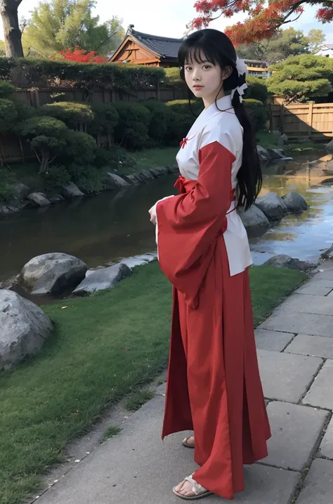 1 woman, Kikyo, thin, sidelocks, blunt_tress, Red_also, miko dress,  elegant,traditional japanese clothes, , looking for_~to_viewer, inexpressive, High_body,