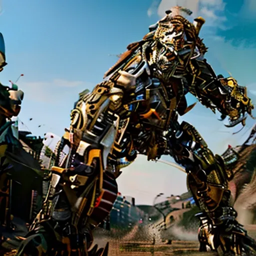 Masterpiece, realistic, 4K, HD, highly detailed, image of a Tiger robot that stands 20 feet tall, aggressive, vicious, made of the most expensive, hardest metal in the universe, Transformer like, integrate the coloring of the tiger into the metal of the ro...