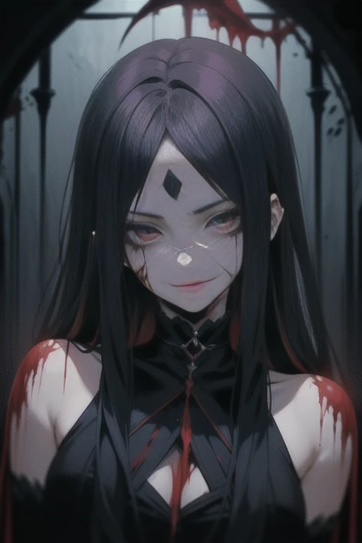 Dark, Creepy, Lilith, low dim lighting, dark chamber, smirk, blood on her face, cultist markings,