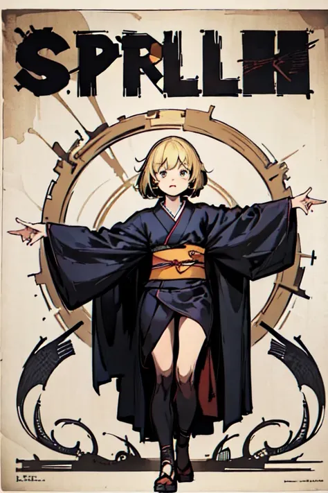 ((Blonde bob-haired girl in black kimono))、((ruins)), ((punk band poster)),cartoon style, Horror elements, Comic book style illustrations, (drawing style), full body (Spooky), Japanese carving, primitive art, circus, crazy illustration, flat illustration、s...