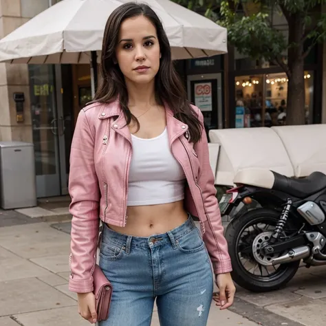 Melissa Fumero dressed in pink leather jacket with short jeans