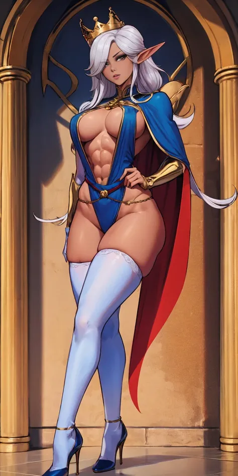 extremely long hair , ponytail, perfect anatomy 1 girl tall solo, slim thick, ((muscular)) high elf toned body, silver breast plate, blue cape, slendered abs, hourglass waist, detailed face, defined cheekbones, puffy lips, gauntlets, gold crown, shadow ove...