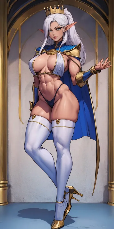 extremely long hair , ponytail, perfect anatomy 1 girl tall solo, slim thick, ((muscular)) high elf toned body, silver breast plate, blue cape, slendered abs, hourglass waist, detailed face, defined cheekbones, puffy lips, gauntlets, gold crown, shadow ove...