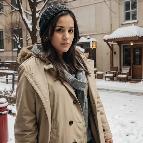 Melissa Fumero in the snow dressed in a coat