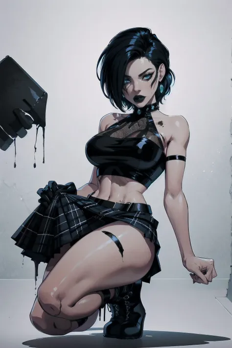 a woman with short black hair, hair on shoulders,  wearing a black cropped  and plaid skirt, blue eyes, zombie art, gothic art, cute aesthetic with vibe, toon aesthetic, wearing red costume, wearing gothic accessories, look like Cassie Hack, whole body, on...