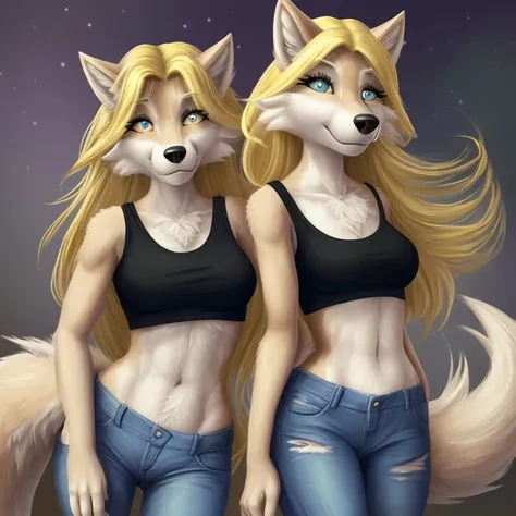 2girls, posing for photo, (sassy), ((anthro wolves)), hip tuft, leg tuft, fluffy fur, whiskers, blonde hair, long hair, beautiful eyes, (anthro furry:1.3, snout:1.2, anthro:1.3, furry:1.2, female:1.2, thick tails: 1.2, wolf tails), crop top, blue jeans, si...