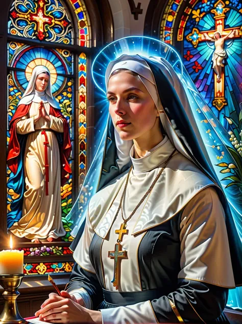 ((nun in beautiful church:1.6)), Religious atmosphere, stained glass windows, sacred tranquility, intricate details, peaceful atmosphere, calm expression, graceful posture, Sacred Silence, bright colors, Calm gaze, gentle brushstrokes, ethereal light, eter...