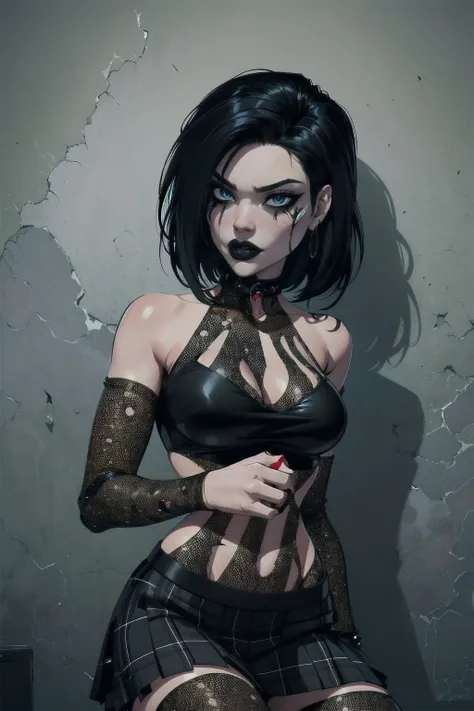 a woman with short black hair, hair on shoulders,  wearing a black cropped  and plaid skirt, blue eyes, zombie art, gothic art, ...