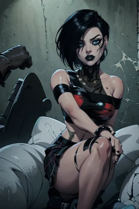 a woman with short black hair, hair on shoulders,  wearing a black cropped  and plaid skirt, blue eyes, zombie art, gothic art, cute aesthetic with vibe, toon aesthetic, wearing red costume, wearing gothic accessories, look like Cassie Hack, upper body, on...