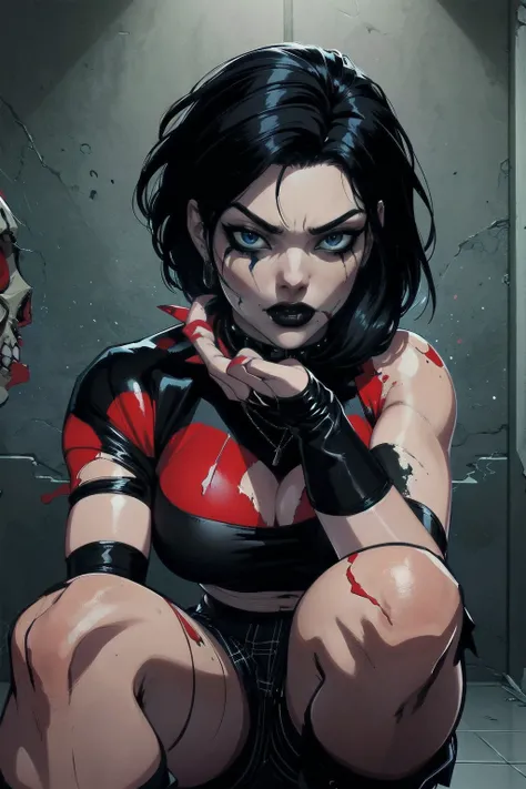 a woman with short black hair, hair on shoulders,  wearing a black cropped  and plaid skirt, blue eyes, zombie art, gothic art, cute aesthetic with vibe, toon aesthetic, wearing red costume, wearing gothic accessories, look like Cassie Hack, upper body, on...