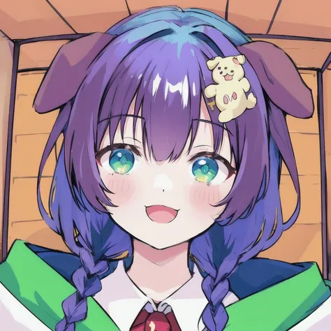 masterpiece, Best quality, absurdity,
Colonel, 1 girl, One, in room, :3, smile, dog girl, dog ears, double braids, sidelocks, hair ornament, open mouth, 
(blue hair, green eyes), close-up, detailed face, detailed eyes, portrait