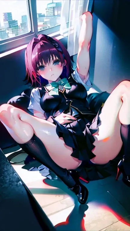 ((best quality)), ((masterpiece)), (detailed), perfect face anime 
#1girl #redpurplehair #shorthair #anime character  #Overall view #wear black high heels # #school uniform #looking down at viewer #bondage your ankle #Extend your legs #show off breasts #li...