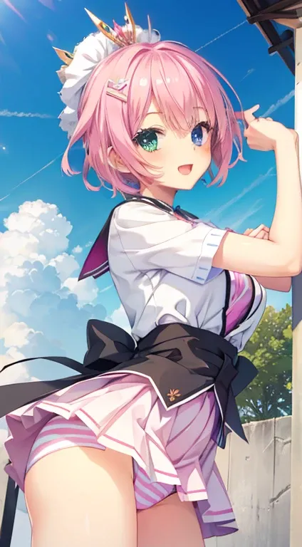 ,Huge ,smile with open mouth,pink short hair,striped panties,,magical girl costume,hair ornaments,heterochromia,blue and green eyes,best image quality,highest quality