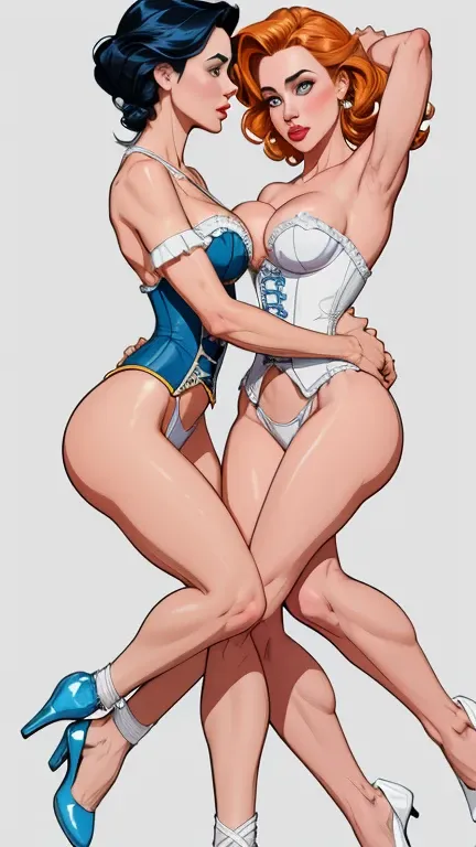 Beautiful character pose in dynamic pose two women together Jennifer Connelly on the left and together with Cinderella on the right with a symmetrical body with a corset and beautiful breasts, corpo bem definido, delicado e sensual, estilo de desenho anima...