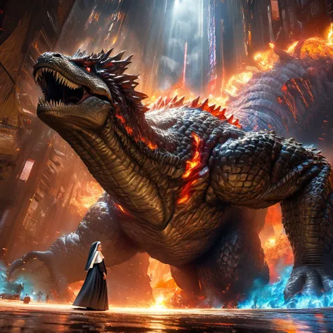 (ultra-detailed, highres, realistic:1.37), a young woman, Catholic nun, riding on Godzillas head, cheering Godzilla as he battles an alien robot, outside of Tokyo, in a vividly colored scene. The woman has beautiful detailed eyes and lips, wearing a tradit...