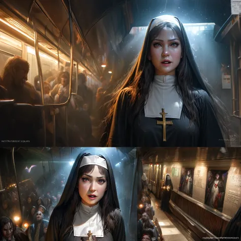 A spreading light, evil supernatural creatures fleeing, at the lights center is a lovely Catholic nun holding a cross and a bible, emitting holy energy as she chants, in a subway. (best quality, 4k, highres, masterpiece:1.2), ultra-detailed, (realistic, ph...