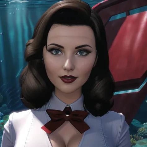 Elizabeth comstock, white blouse, portrait, beautiful sexy smirk, underwater city, red lipstick, cleavage (8k, RAW photo, best quality, masterpiece:1.2),ultra-detailed, (high detailed skin:1.2), 8k uhd, dslr, soft lighting, high quality, 