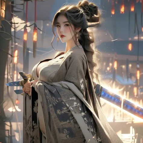 masterpiece, highest quality, 1 female, Adult, very pretty face，young, expensive, Antique Theme,The eternal spirit，ancient China、Ancient Service, carry a sword, sunlight, street, long flowing hair, sunlight, Background Style, A breeze blows, Loose Robe, fa...