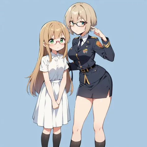 Anime girl,light brown hair,green eyes,officer,Long black socks,glasses