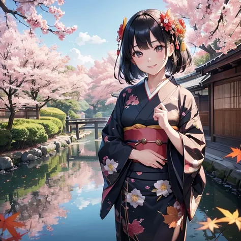 (Super beautiful woman wearing a kimono)、((highest quality、8K masterpiece:1.3))、sharp focus:1.2、(super beautiful face:1.0)、(shiny skin:1.0)、realistic pictures、black haired、video writing、High resolution eyes and face、video writing、japanese actress、from the ...