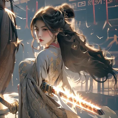 masterpiece, highest quality, 1 female, Adult, very pretty face，young, expensive, Antique Theme,The eternal spirit，ancient China、Ancient Service, carry a sword, sunlight, street, long flowing hair, sunlight, Background Style, A breeze blows, Loose Robe, fa...