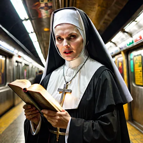 a spreading light, evil supernatural creatures fleeing, at the light's center is a lovely catholic nun holding a cross and a bib...