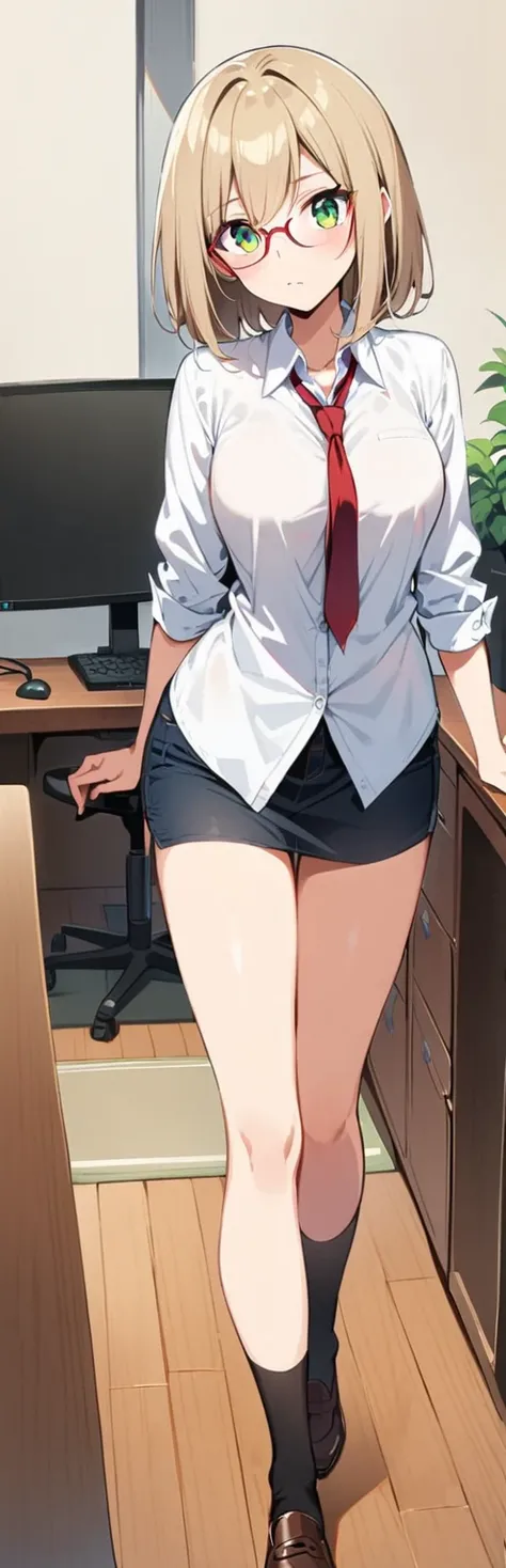 Anime girl,light brown hair,green eyes,office,Long black socks,glasses