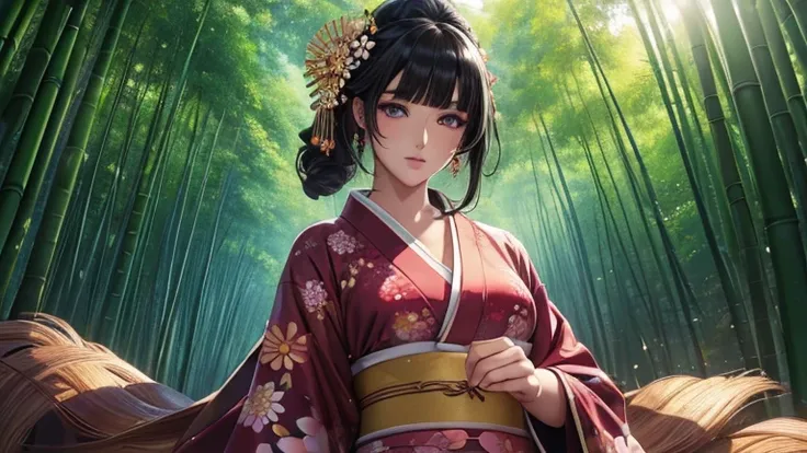 ((masterpiece)), surreal, Portrait of a beautiful fair-skinned anime woman (floral kimono), light makeup, bright eyes, glossy black hair, intricate hair ornament, (small breasts), In the bamboo forest