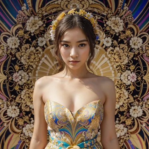 portrait pretty Elegant beautiful young woman in a Japanese dress, beautifully styled hair, white skin, neckline. She is posing. Her outfit is decorated with gold embroidered flowers. A masterpiece in 8K Ultra format., (Psychedelic style:1.2), drawing, Vib...