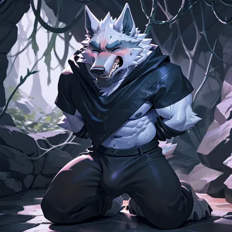 deathwolf, 1boy, solo, colored sclera, red eyes, black cloak, white fur, full body, anthro, (frown:1.2), (pain:1.3), (clenched teeth with drooling:1.3), (one eye closed:1.5), from above, kneeling, (hands behind back:1.3), (looking upwards:1.5), (tightly bo...