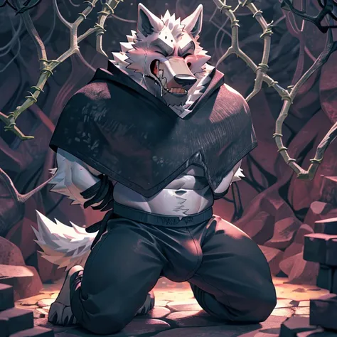 deathwolf, 1boy, solo, colored sclera, red eyes, black cloak, white fur, full body, anthro, (frown:1.2), (pain:1.3), (clenched teeth with drooling:1.3), (one eye closed:1.5), from above, kneeling, (hands behind back:1.3), (looking upwards:1.5), (tightly bo...